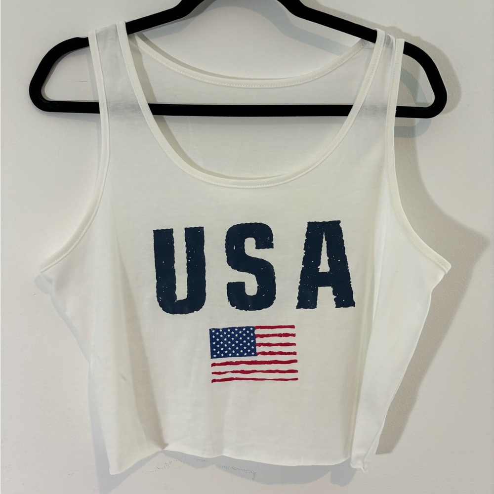 SHEIN White USA Cropped Tank Top with Flag Print